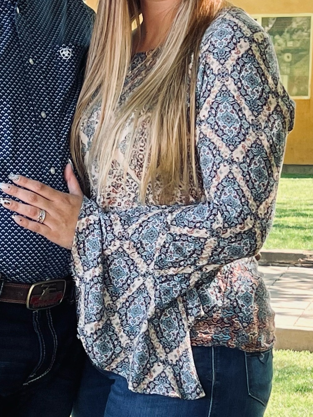 Stetson Blue and Cream Paisley Bell-Sleeve Blouse